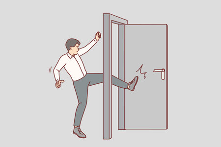 Business man kicks door bursting into office of competitors, violated business ethicsのイラスト素材