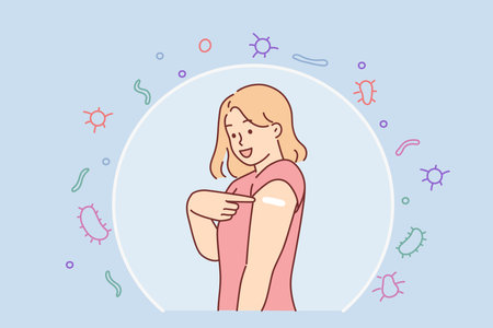 Woman recommends vaccination to improve immunity, stands in cocoon that protects against virusesのイラスト素材