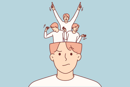 Man external calm hides joy and euphoria, in form of little people dancing inside headのイラスト素材