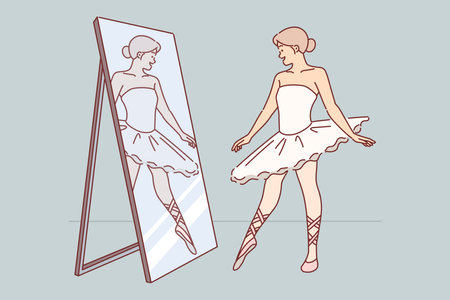 Woman ballerina looks in mirror with smile, practicing to pull toe before performing on stageのイラスト素材