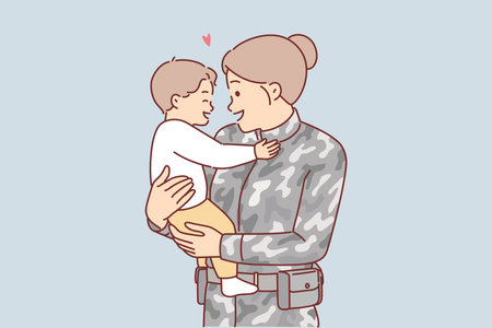 Woman soldier holds little son, who is rejoicing when mother returns home after military serviceのイラスト素材
