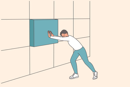 Strong business man installing missing block in wall, building reliable company or startupのイラスト素材