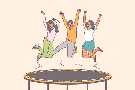 Happy people jumping on trampoline enjoying opportunity for active recreation with friendsのイラスト素材