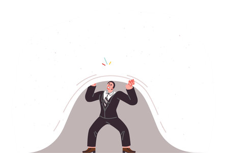 Business man is overexerting himself by lifting heavy curtain to reach new professional levelのイラスト素材