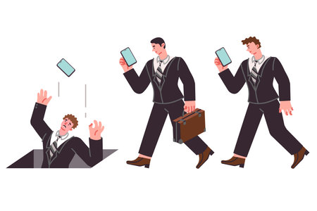 Man using phone falls into hole, suffering due to ignorance or digital addictionのイラスト素材