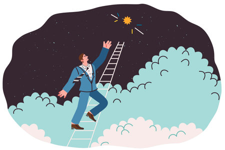 Chasing dream of business man climbing career ladder to get bright star from skyのイラスト素材