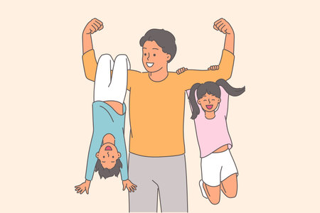 Strong father lifts children in arms and shows biceps, proud of having little son and daughter.のイラスト素材
