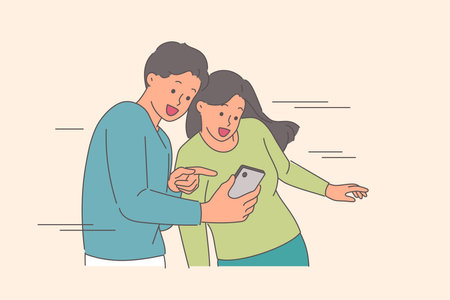 Man shows mobile phone with new apps to girlfriend, boasting about great purchases in online storeのイラスト素材