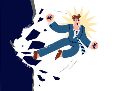 Ambitious business man breaks down wall, wanting destroy obstacle on way to achieve maximum profitのイラスト素材