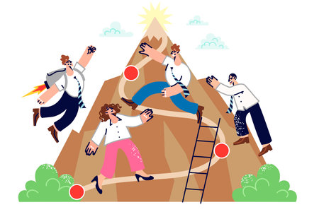 Business and career competition between people striving to reach top of mountain in different waysのイラスト素材