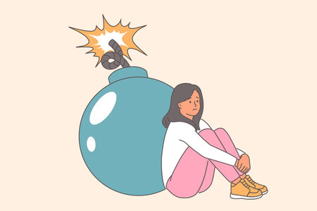 Teenage girl feels tired and burnt out due to problems with socialization, sits near burning bombのイラスト素材