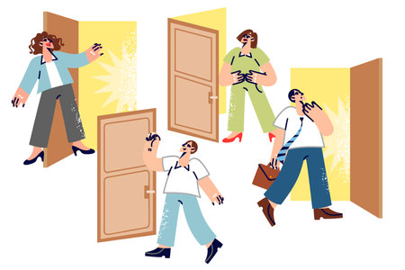 People are looking for right path, going through different doors, trying to find meaning of lifeのイラスト素材