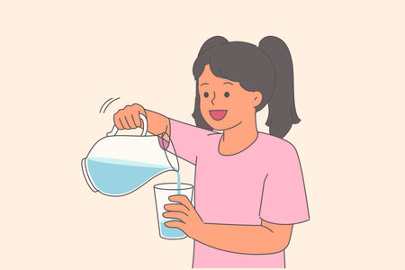 Little girl pours water into glass from decanter to quench thirst after summer walkのイラスト素材