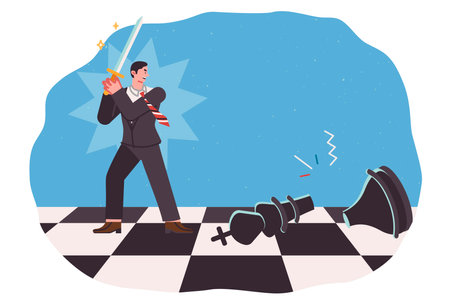 Business man accomplishes feat by defeating strategic competitor and breaking chess piece with swordのイラスト素材