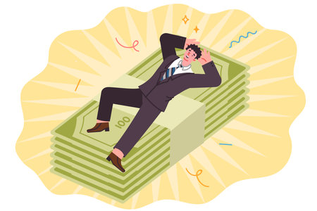 Financial pillow allows man to avoid unnecessary stress and risk, and lie on large wad of moneyのイラスト素材