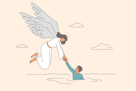 Guardian angel with wings saves drowning man, is in trouble and in need of god salvationのイラスト素材