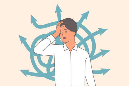 Business man is confused and suffers from confusing thoughts due to difficulty of choosing strategyのイラスト素材