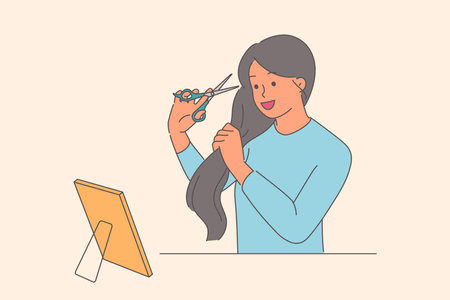 Woman cuts hair, wanting to change hairstyle without going to hairdresser, stands near mirrorのイラスト素材