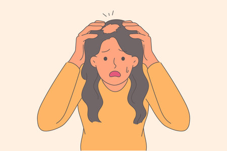 Ringworm on head of woman, puzzled by new disease that has ruined hair, stands with tears in eyesのイラスト素材