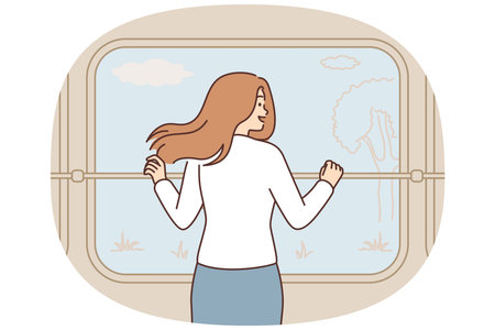 Smiling woman enjoy nature view from train windowのイラスト素材