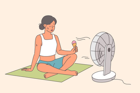 Electric fan blows on woman eating ice cream, sitting on floor in hot weather during summer seasonのイラスト素材