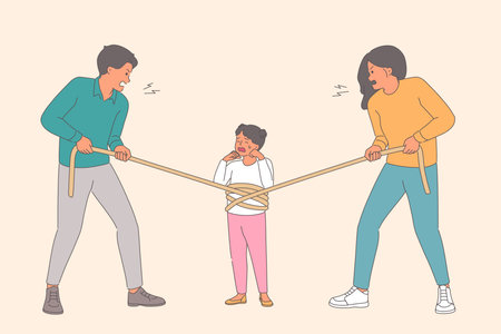 Child custody battle between parents pulling crying girl in different directionsのイラスト素材