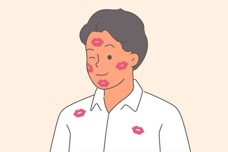 Man with traces of kisses on face and shirt left by girlfriend smiles after end of dateのイラスト素材