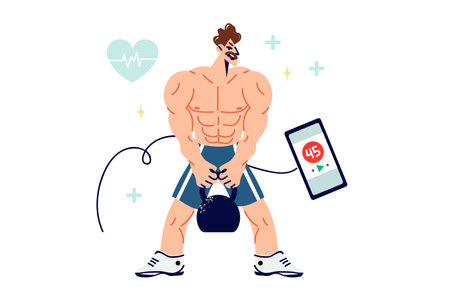 Muscular man is engaged in strength sports, lifting weights and using fitness application on phoneのイラスト素材