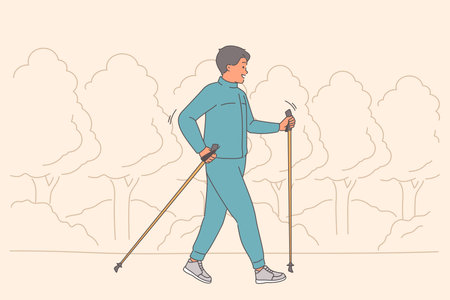 Man uses nordic walking for walk in park and active lifestyle that improves well-beingのイラスト素材