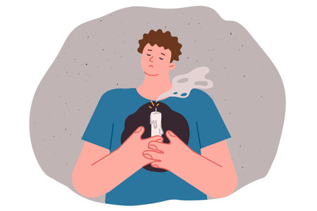Man lost hope and grieving, feeling devastation, holding extinguished candle in front of chestのイラスト素材