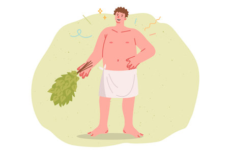 Smiling man bathhouse attendant holds birch broom for massage procedures in bathhouseのイラスト素材