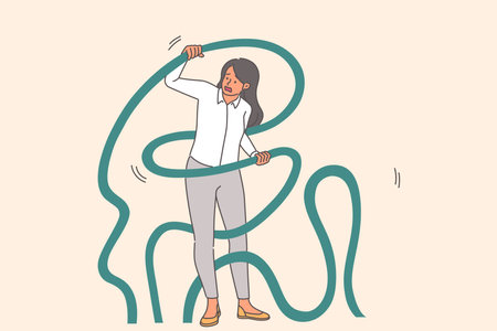 Woman is entangled in problems and troubles, and needs help to get out of binding ropesのイラスト素材