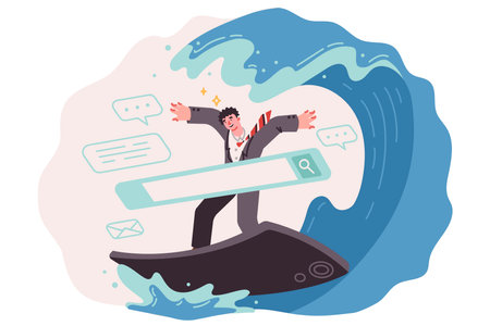 Man is engaged in digital surfing using mobile gadget, riding waves on smartphoneのイラスト素材