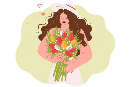 Woman with bouquet of flowers in hands rejoices at romantic gift from boyfriend.のイラスト素材