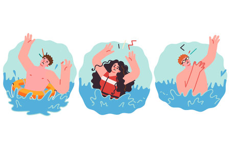 Drowning people call for help and wave hands in anticipation of rescuers after shipwreckのイラスト素材