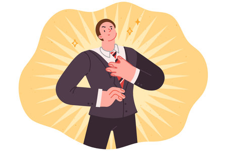 Narcissistic man ties tie and looks up proudly, feeling confident in own abilitiesのイラスト素材