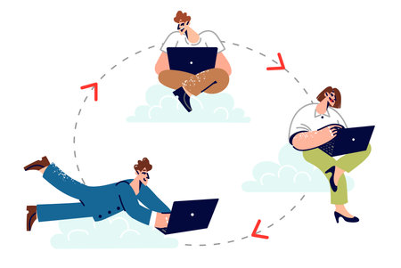Cloud communication for business people to speed up work and exchange information via laptopsのイラスト素材