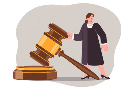 Woman judge makes fair decision for defendant who has broken law, standing near large gavelのイラスト素材