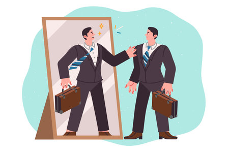 Business man uses self-motivation by looking in mirrors and preparing for important meetingのイラスト素材