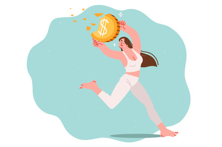 Problem of inflation destroys savings of woman suffering from crisis and running with coin in handsのイラスト素材