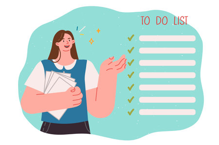 Woman fills out to do list and plans future day, following basic rules of time managementのイラスト素材