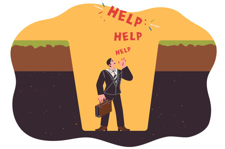 Trap for business man shouting help, standing at bottom of hole, as metaphor for bankruptcyのイラスト素材