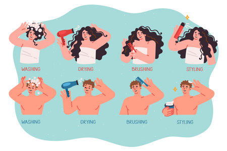 Hair care from men or women washing hair while showering and using hair dryer after bathのイラスト素材