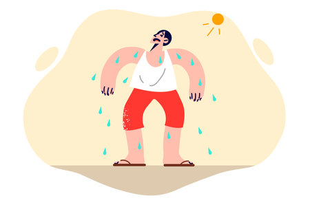 Man feels exhaustion standing under sun with scorching rays, due to lack of trees creating shadeのイラスト素材