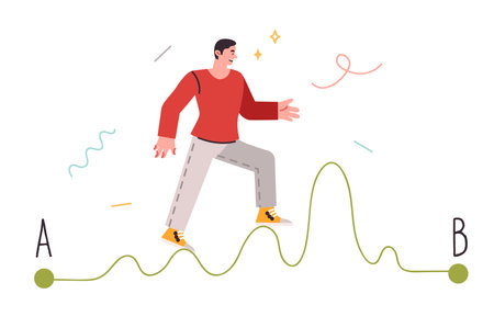 Challenge for man walking along difficult winding path and trying to achieve goalのイラスト素材