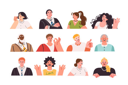 Avatars of people of different ages and nationalities, demonstrating positive mood and smileのイラスト素材