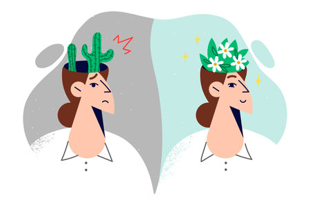 Psychological consultation from psychotherapist helped woman with cactus or flowers in headのイラスト素材