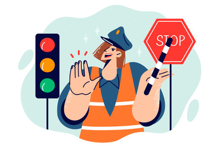 Woman traffic controller shows stop gesture, standing near traffic light for cars.のイラスト素材