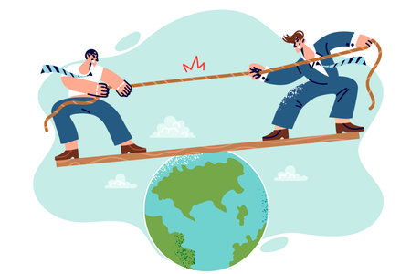 Political struggle between presidents of different countries, tug of war standing on planet earthのイラスト素材