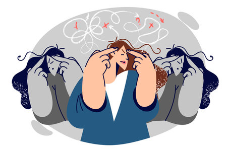 Headaches and migraines cause discomfort in business woman who feel confused or dizzyのイラスト素材